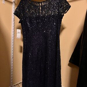 SLNY Navy Sequin Lace Midi Dress